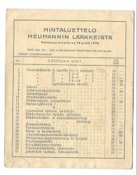 Hintaluettelo Heumannin lääkkeistä  - hinnasto 1935