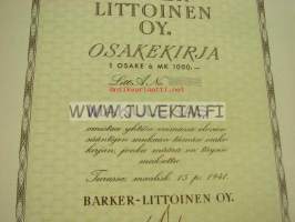 Barker-Littoinen Oy, Turku 1941, 1 000 mk -osakekirja