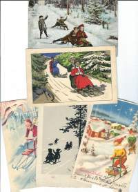 Kelkka ja potkukelkka aiheisia postikortteja alk 1907 5 kpl erä - postikortti