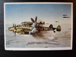 Saksalainen Messerschmitt Me-110-hävittäjälentue -postikortti. TK-valokuvaaja C. Berger. Reproduktion und offsetdruck Carl Werner Reichenbach i.V.