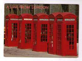 Postikortti: Puhelinkoppeja    Lontoosta. Kulkenut  tammikuussa  1992.  Koko 12x17 cm