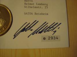Lothar Mattäus, Saksa, numismatiikkakuori nimikirjoituksella, numeroitu. Jalkapallon maailmanmestari 1990. Kullattu mitali &amp; postimerkki ensipäiväleimalla.