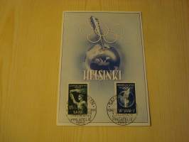 1952 Helsinki Olympialaiset maksikortti, molemmilla postimerkeillä, Saar, Saksa, hieno. Katso myös muut kohteeni, esim. useita Olympia-aihe kohteita.