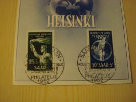 1952 Helsinki Olympialaiset maksikortti, molemmilla postimerkeillä, Saar, Saksa, hieno. Katso myös muut kohteeni, esim. useita Olympia-aihe kohteita.
