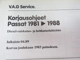 Volkswagen &amp; Audi Service - Korjausohjeet Volkswagen Passat 1981-1988 CR, CY, CK, Diesel-ruiskutus- ja hehkutuslaitteisto -service booklet