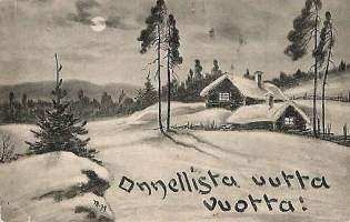 Talvinen kuutamo  - uudenvuodenkortti kulkenut 1909  merkki rikki