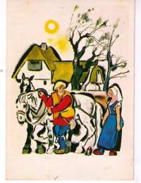 Venäläinen taidepostikortti. Mies  nousemassa hevosen selkään,  nainen saattaa  miestään.Tauluna 1909