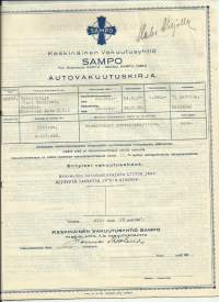 Keskinäinen Vakuutusyhtiö Sampo, Turku - autovakuutus 1937vakuutuskirja