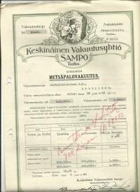 Keskinäinen Vakuutusyhtiö Sampo, Turku - ainainen metsäpalovakuutus 1943vakuutuskirja