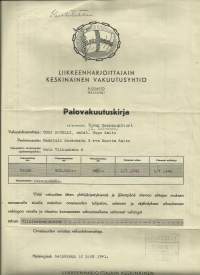 Liikkeenharjoittajain  Keskinäinen Vakuutusyhtiö  Palovakuutus    - vakuutuskirja 1941