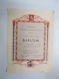 Allmänna Brandkårsförbundet i Finland har tilldelat Sven Tikander Diplom för åderton tjänsteår för fanbärare fr. 1945 inom Hommnasby... FBK -certificate
