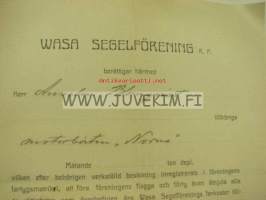 Certificat för motorboten &quot;Norna&quot; 1924 / Wasa Segelförening, Anselm Blomqvist, O. Gros, Eino Rostén -Vaasa, huviveneen sertifikaatti