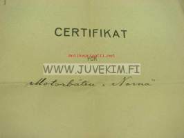 Certificat för motorboten &quot;Norna&quot; 1924 / Wasa Segelförening, Anselm Blomqvist, O. Gros, Konrad Vestlin -Vaasa, huviveneen sertifikaatti