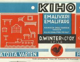 Kiho emaliväri   - tuote-etiketti 9x38 cm vuodelta 1941