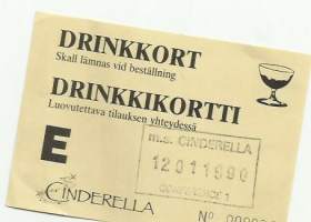 Drinkkilippu nr 000029  - Luovutettava tilauksen yhteydessä  Cinderella 12.01.1990  - tilapäinen maksuväline