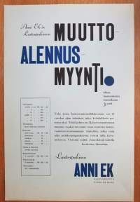 Muutto-alaennusmyynti -juliste, oikovedos, 1930 luvulta