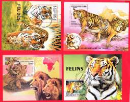 Aihepostimerkit - 4 erilaista pienoisarkkia/blokkia isoja kissoja (tiikerit/leijonat)
