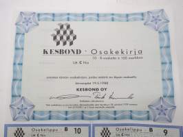 Kesbond Oy, Järvenpää 1988, Litt. C 10 B-osaketta á 100 mk, 1 000 mk -osakekirja / share certificate