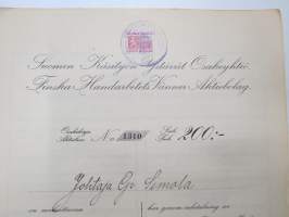 Suomen Käsityön Ystävät Oy - Finska Handarbetets Vänner Ab, osakekirja nr 1310 Smk 200,- Fmk, Helsinki 1921 -osakekirja / share certificate