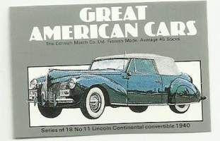 Great American Cars / Lincoln Continental 1940  -  tulitikkuetiketti