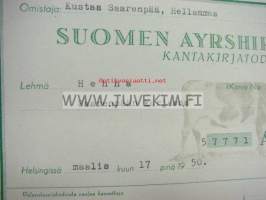 Suomen Ayrshireyhdistys lehmä Henna  / Kustaa Saarenpää, Hellanmaa -kantakirjatodistus