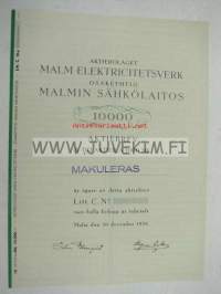 Malmin Sähkölaitos Oy, Malm Elektricitetsverk, Malmi 1938, 10 000 mk -osakekirja
