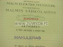 Malmin Sähkölaitos Oy, Malm Elektricitetsverk, Malmi 1938, 10 000 mk -osakekirja