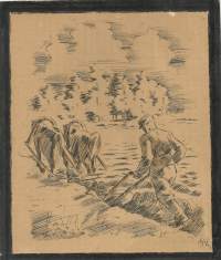 Arvo Lukala, Sotilas lomalla kyntämässä, graafinen painokuva lyijykynä signeeraus 1942 koko   22x18  cm kehystämätön