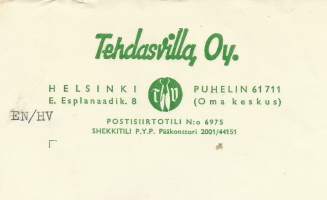 Tehdasvilla Oy Helsinki 1953 - firmalomake -