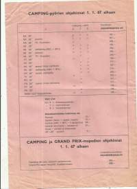 Camping ja Grand Prix mopedien  ja Camping pyörien ohjehinnat 1.1.1967 alkaen