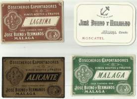 Jose Bueno y Hermano Malaga vanhoja kivipaino  viinietikettejä 4 eril - viinaetiketti