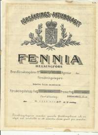 Försäkrings Ab Fennia H;fors/Åbo 1927 - vakuutuskirja