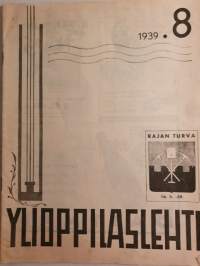 Ylioppilaslehti N:o 8 1939. Päätoimittaja Sakari Vapaasalo.
