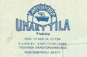 U Marttila Vesijohtoliike Turku 1952 - firmalomake