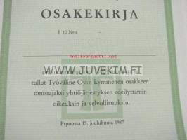 Työväline Oy, Espoo 1987, 100 mk -osakekirja