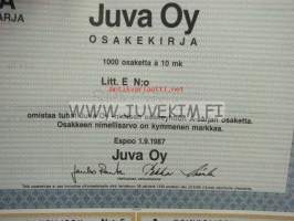 Juva Oy, Espoo 1987, 10 000 mk -osakekirja