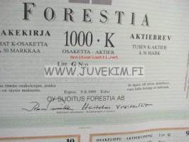Forestia Oy, Espoo 1989, 50 000 mk -osakekirja