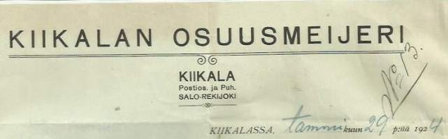 Kiikalan  Osuusmeijeri  1924 Kiikala  - firmalomake