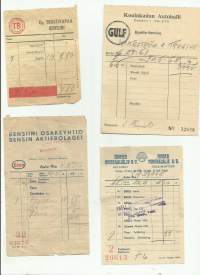Gulf,Esso, Shell ja TB  huoltoasemakuitti alk 1940 - luvulta - firmalomake  4 eril