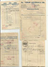 Gulf,Esso , Shell  ja Turun Autohalli  huoltoasemakuitti alk 1940 - luvulta - firmalomake  4 eril
