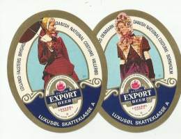 Tanskalaisia kansallisoukuja 2 kpl erä 9 / Export Beer Klass A olutetiketti