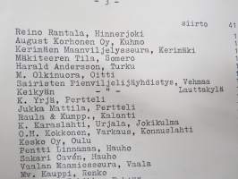 Luettelo Keskon v. 1958 myymistä ja asentamista Sato-, Sinus-, Agro- ja Aki viljankuivaajista + Jaakko lavakuivurit -ostajien listaus eri puolilta Suomea