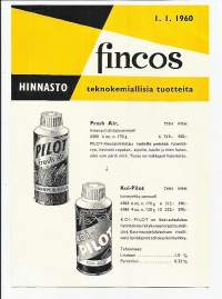 Fincos teknokemiallisia tuotteita  hinnasto 1960   2 sivua