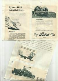 Traktoreita, työkoneita useita kymmeniä sivuja tekstiä, esitteitä, lehtileikkeleitä 1950-luku