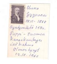Postimerkki. Uuno Gugnaeus 1810- 1888  syntymästä 150-vuotta. Pappi, Suomen kansakoulujen  isähahmo. Merkki  ilmestynyt 13.10.1960