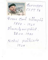 Postimerkki Eurooppa CEPT 1/2. Frans Emil  Sillanpää 1888-1964. Nobel palkittu 1939. Merkki  ilmestynynyt 28.04. 1980