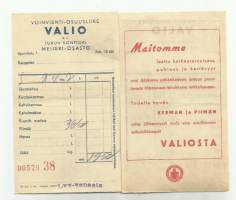 Voinvienti-osuusliike Valio Turun konttori Meijeri-osasto  kuitti 2 kpl 1947  - firmalomake