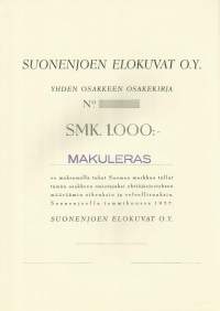 Suonenjoen Elokuvat  Oy    ,  1 000 mk  osakekirja, Suonenjoki 1937