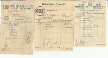Esso, Gulf ja  Shell  huoltoasemakuitti alk 1940 -50 luvulta - firmalomake  3 eril