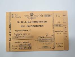 SJ Statens Järnvägar - Billiga rundturer - Kil-Sunneturen (Frykdalstur 2) nr 0030 2 kl. 15-7.1958 - 14.8.1958 -biljetthäfte / matkalippuvihko / train ticket